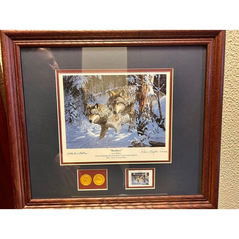 1996 ROCKY MOUNTAIN‎ ELK FOUNDATION BROTHERS STAMP & GOLD MEDALIONS Signed Print